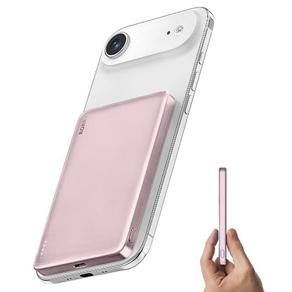 RORRY Power Bank, Bateria Portatil para MagSafe 5000mAh Pila Portatil Carga Rápida 18W Cargador Portátil USB C Magnético Powerbank Batería Portátil para iPhone 16/15/14/13/12 Serie, Rosa