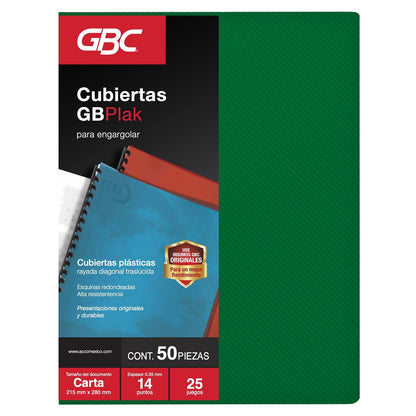 GBC Cubierta para Encuadernar Tamaño Carta, 14 Puntos - RAYADO - COLOR VERDE