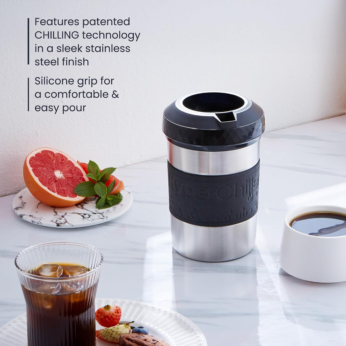 HyperChiller El original pero nuevo enfriador de café helado/bebidas patentado HC2SS de acero inoxidable listo en un minuto, reutilizable para té helado, vino, licores, alcohol, jugo, 12 onzas, acero