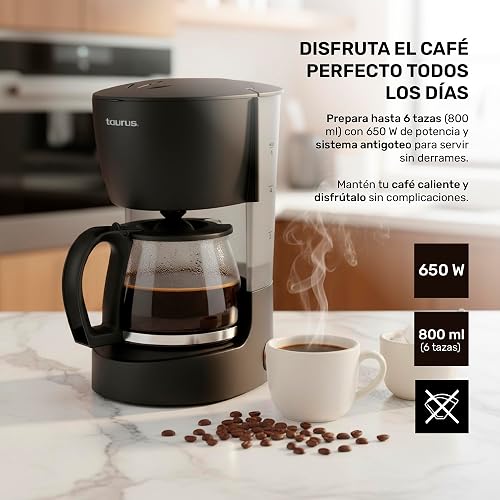 TAURUS COFFEE MAX 6, Cafetera de Goteo con Filtro Permanente, 600 ml, Cafetera 6 Tazas, Anti-goteo, 650 W, Jarra de vidrio, Placa calefactora, Interruptor luminoso