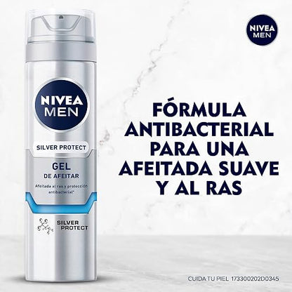 NIVEA MEN Gel para Afeitar Silver Protect (200 ml) Antibacterial con Iones de Plata, Manzanilla y Pro Vitamina B5 para una afeitada al ras