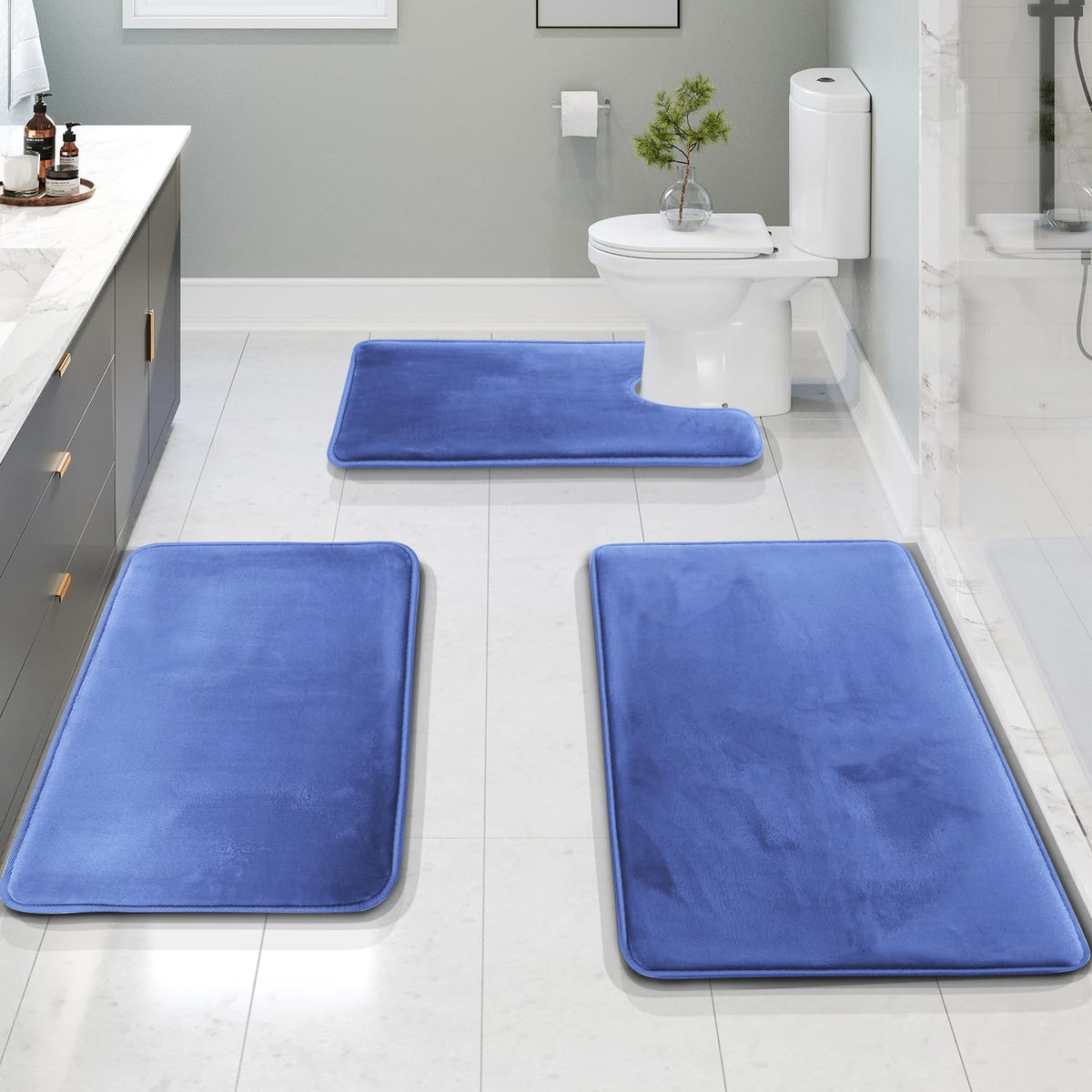 Clara Clark - Juego de 3 Alfombrillas de baño de Espuma viscoelástica de Terciopelo para baño, Antideslizantes, con Respaldo de PVC, Lavable, se Seca rápidamente, Color Azul