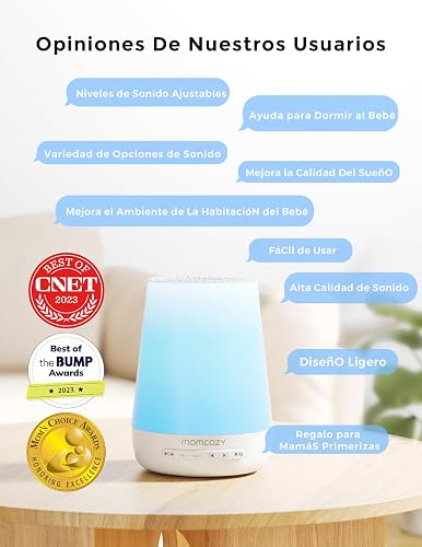 Máquina de sonidos para bebés Momcozy con Luz Nocturna | Entrenador de sueño para niños con 34 sonidos relajantes, temporizador, control por app, rutina de sueño, Blanco