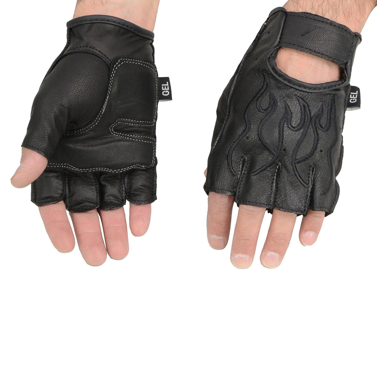 Milwaukee Leather SH198 - Guantes sin Dedos Bordados con Llama Negra para Hombre con Palma de Gel (Mediano)