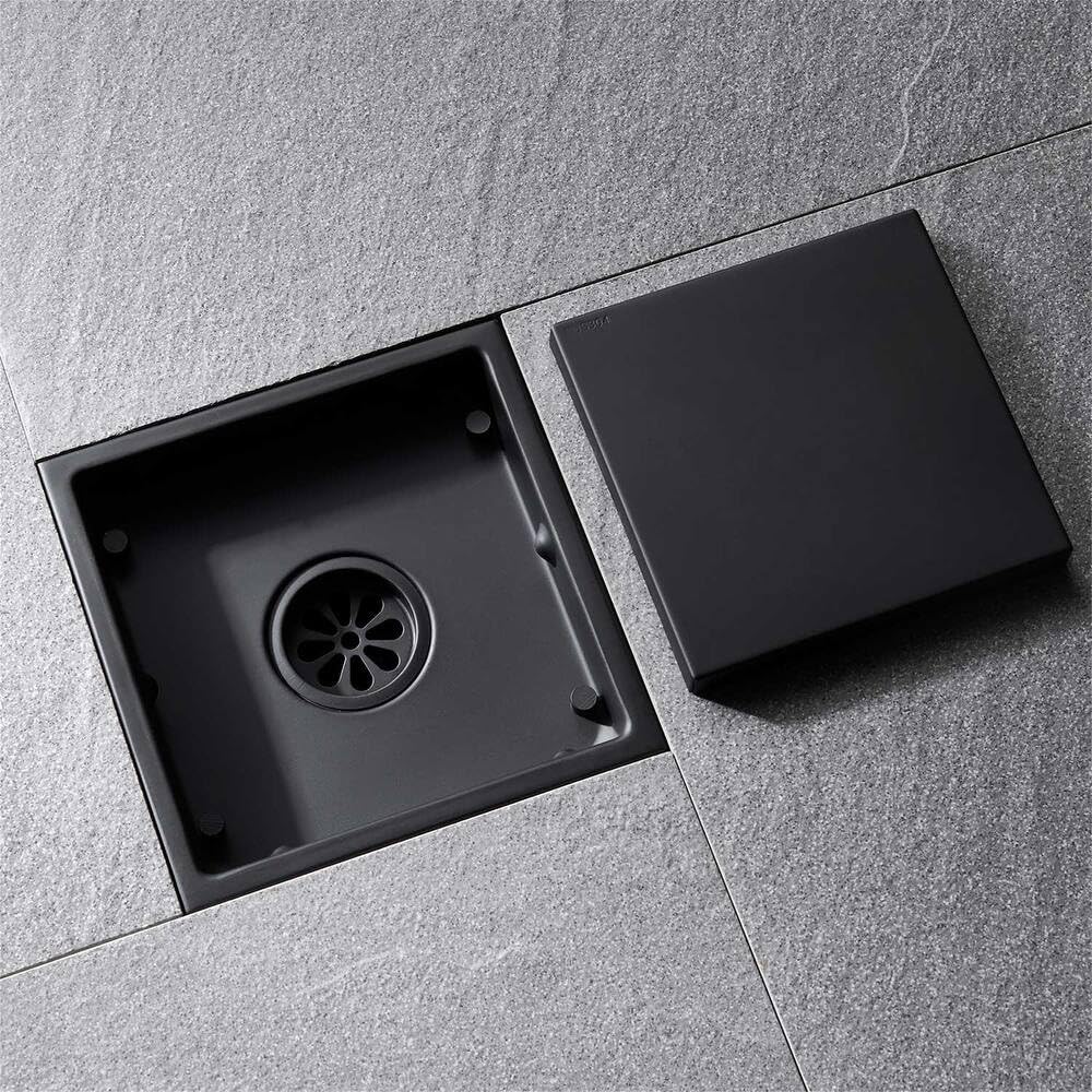 ELLO & ALLO - Drenaje de Ducha Cuadrado de 6 Pulgadas, Color Negro con Brida, Cubierta Reversible 2 en 1, Rejilla extraíble de Acero Inoxidable SUS304, Color Negro Mate