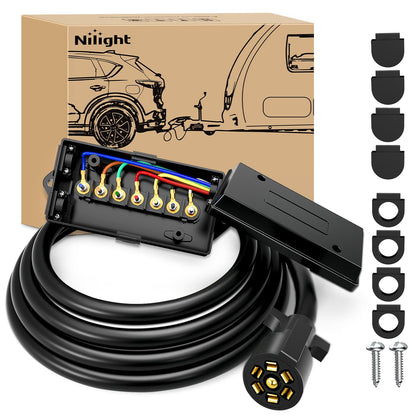 Nilight - Conector de Luces, 7 vías, en línea, Negro, 7Way Trailer Plug with Junction Box - 7Way Trailer Plug with Junction Box