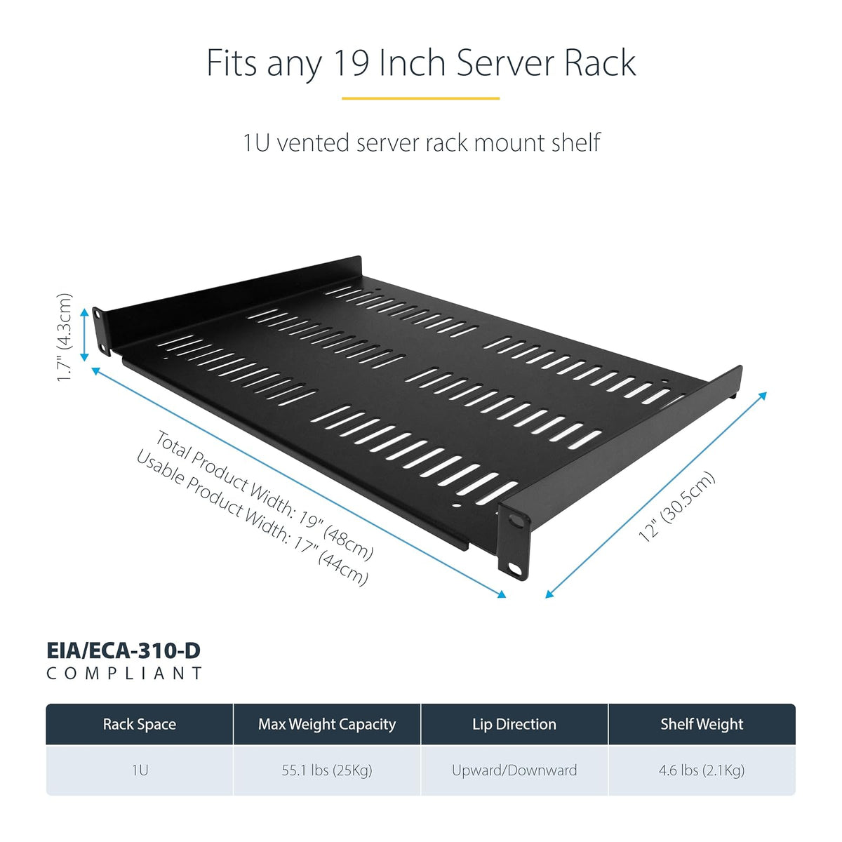 StarTech.com Estante para Rack de 1U para servidores - Bandeja Universal con ventilación para Rack y gabinete de Equipos de Red de 19 Pulgadas - Diseño Duradero - Capacidad de Peso de 25 kg - 12