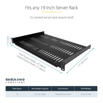 StarTech.com Estante para Rack de 1U para servidores - Bandeja Universal con ventilación para Rack y gabinete de Equipos de Red de 19 Pulgadas - Diseño Duradero - Capacidad de Peso de 25 kg - 12