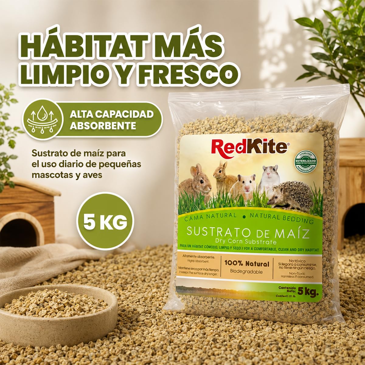 Red Kite Sustrato de Maíz Natural para Pequeños Mamíferos y Aves, 100% Natural, Alta Absorción, 5 kg