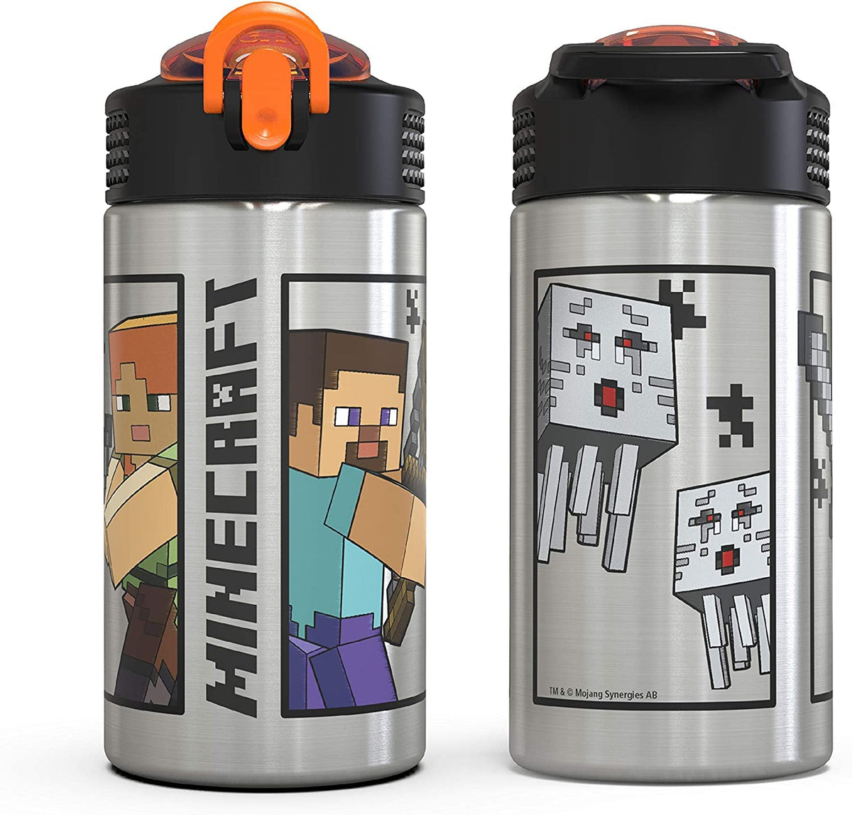 Zak Designs Minecraft - Stainless Steel Water Bottle with One Hand Operation Action Lid and Built-in Carrying Loop, with Straw Spout is Perfect for Kids (15.5 oz, 18/8, BPA-Free)