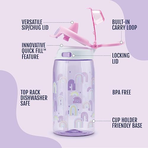 Ello Kids Pop & Fill Botella de agua de plástico Tritan de 16 onzas con tecnología de llenado rápido, tapa de bloqueo a prueba de fugas, sin BPA, apto para lavaplatos, para escuela, loncheras, arco
