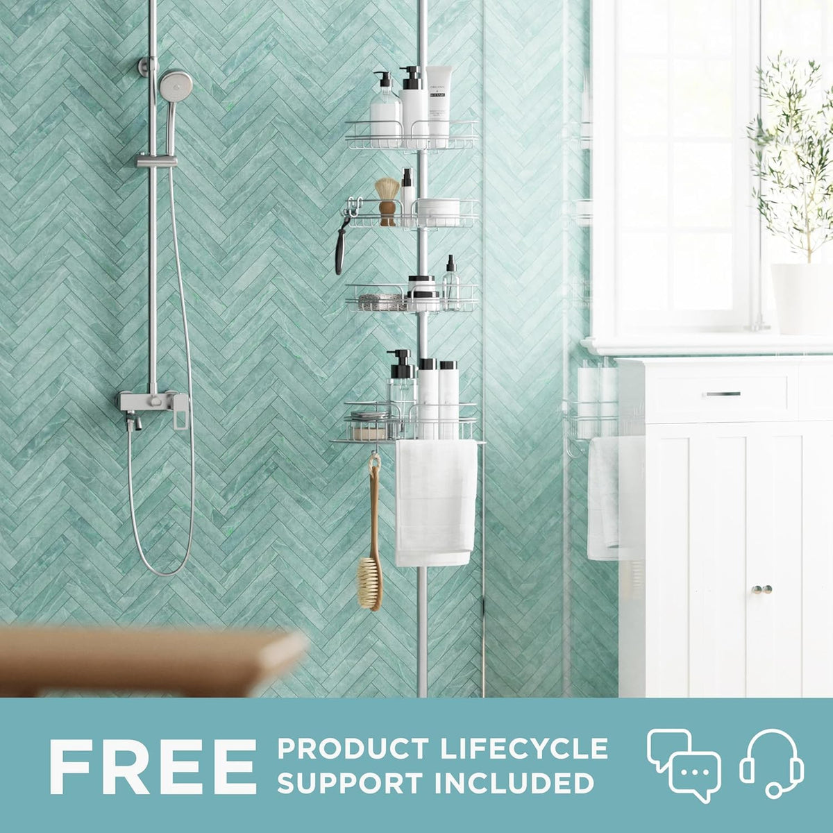 Zenna Home - Soporte de ducha con barra de tensión, sistema de almacenamiento de ducha ajustable en esquinas, con 4 cestas y barra de toallas integrada, solución de organización de baño, 60 a 97