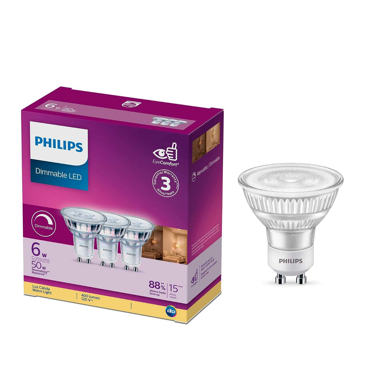 Philips LED 3 Focos LED 6W luz cálida