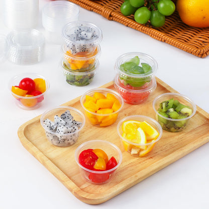 AOZITA Tazas de Chupito de Gelatina de 2 Onzas 60 Juegos | Plástico pequeño con tapa, hermético, apilable, transparente, 60 piezas, 2 oz cada una