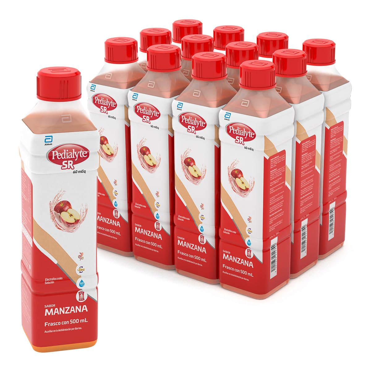 Pedialyte - Electrolitos Orales, 60 mEq, Solución Oral Sabor Manzana 500 ml - Caja con 12 piezas, Auxiliar en la Deshidratación por Diarrea, Vómito y Ejercicio