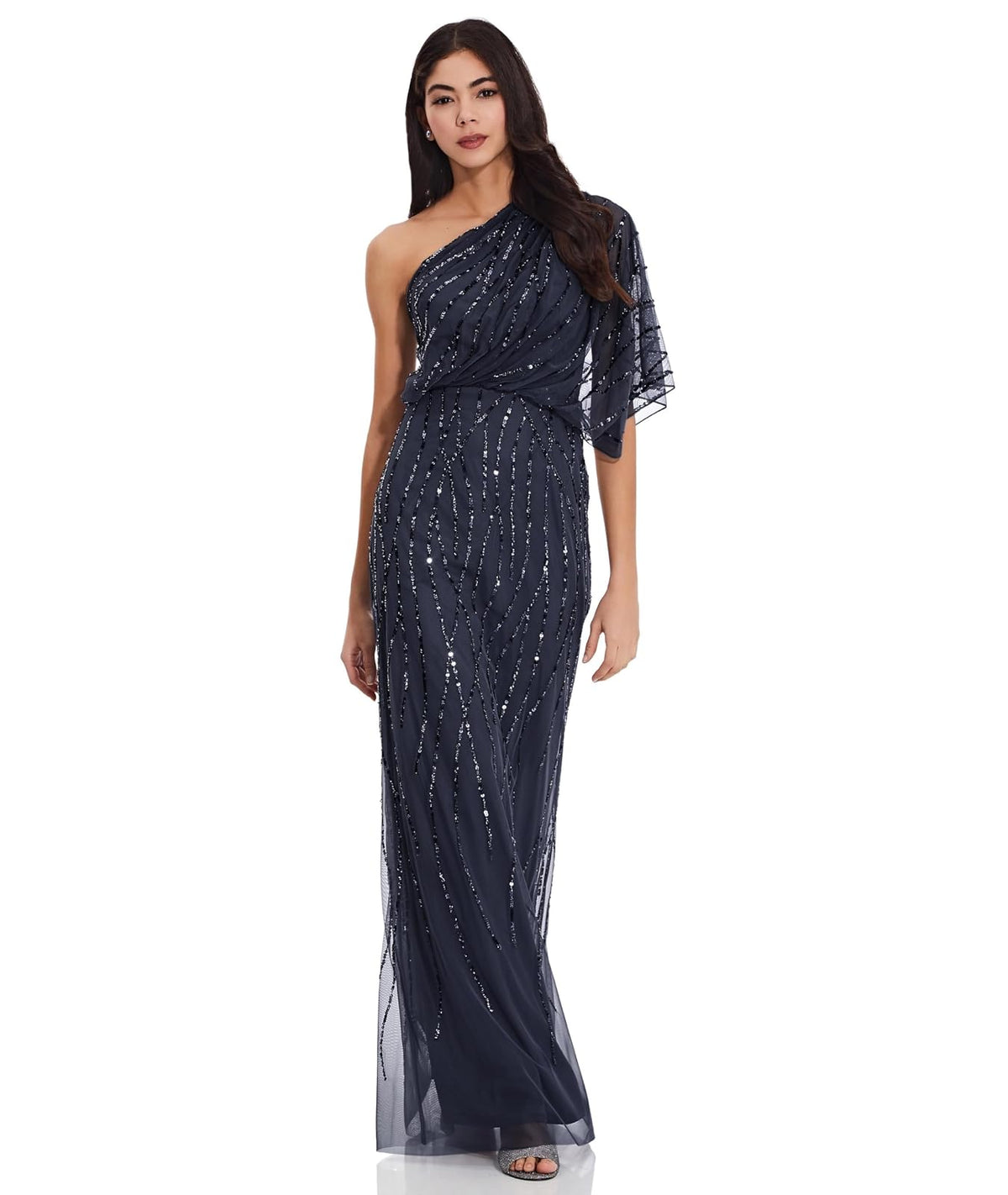 Adrianna Papell Vestido Largo con Abalorios Bordados - 10 - Azul Marino Polvoriento