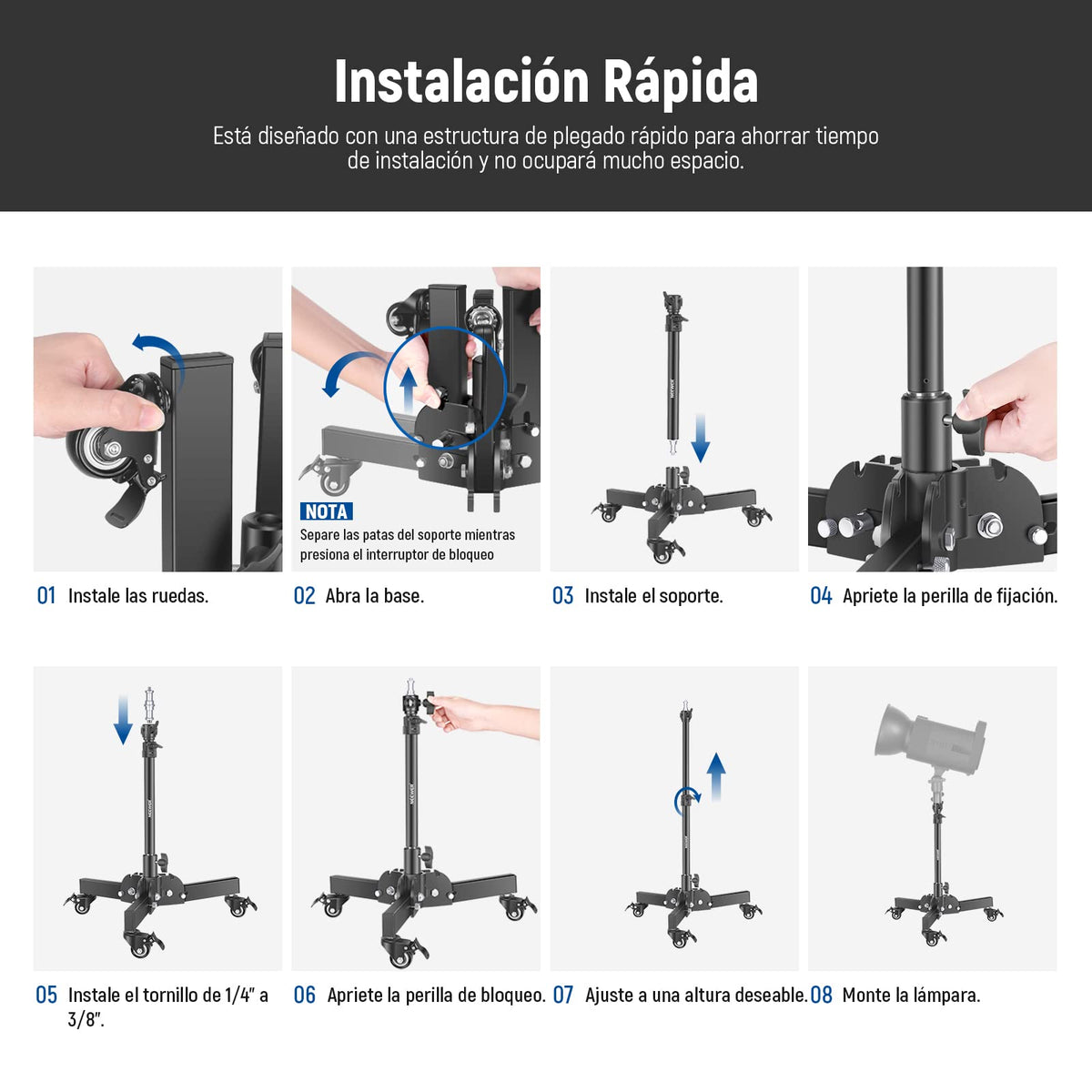 NEEWER Pack de 2 Soportes Luz Alta Resistencia con Ruedas, Altura Máx 2.4 Pies, Trípode Plegable Tomas Angulo Bajo, Soporte Iluminación para Softbox, Monobloques y Otros Equipos Fotográficos, ST72