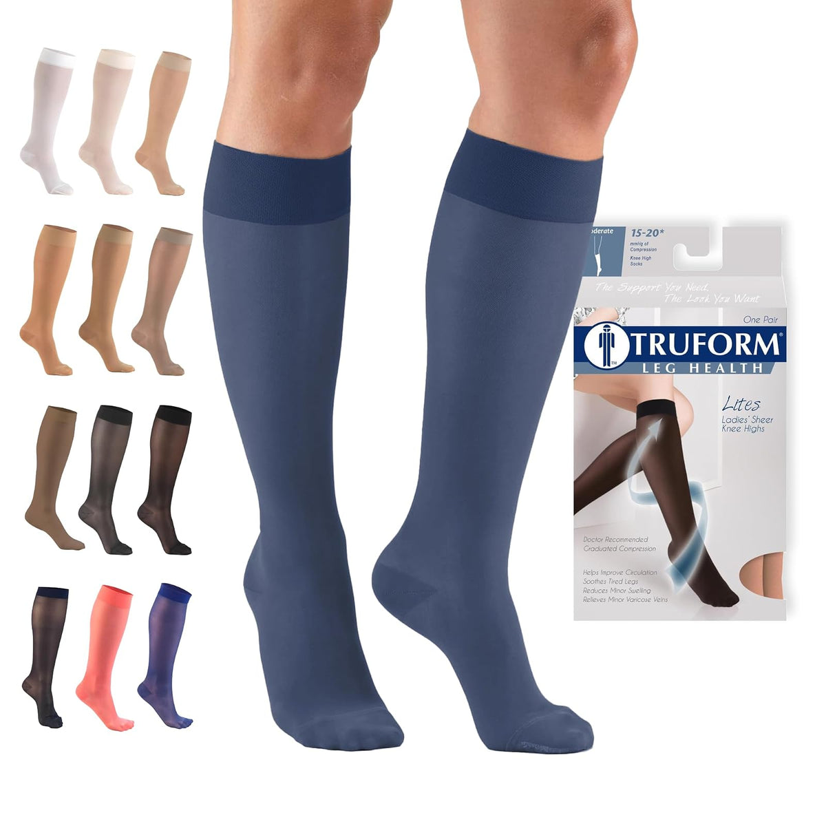 Truform Sheer Compression Stockings, 15-20 Mmhg, Women's Knee High Length, Denier (Blue) Medical Support Hose Mujeres, Azul, Large