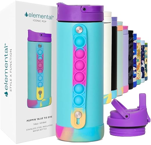 Elemental Iconic Pop Botella de Agua para Niños, 14 oz, Blue Tie Dye | Acero inoxidable sin BPA, Aislado y a prueba de fugas térmico, tapa con popote y asa. Ideal para escuela y viajes.