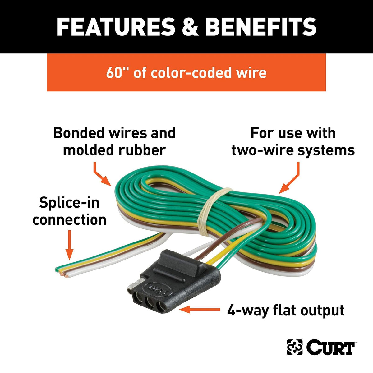 CURT Arnés de Cableado Plano para Remolque de 4 Pines 58040, 60 in de Cable