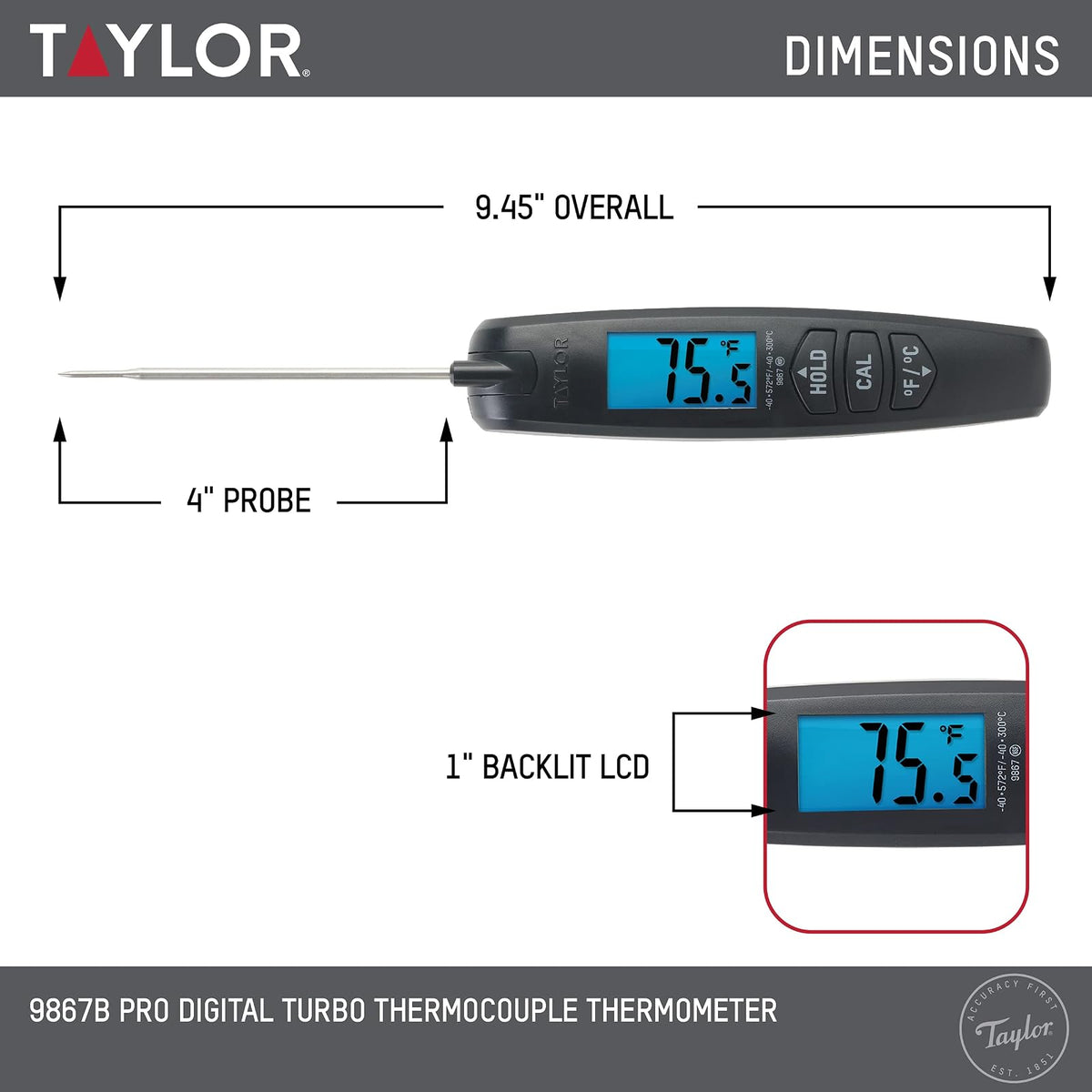 Taylor Termómetro digital Turbo de lectura instantánea para carne, alimentos, parrilla, barbacoa, cocina, sonda plegable, color negro