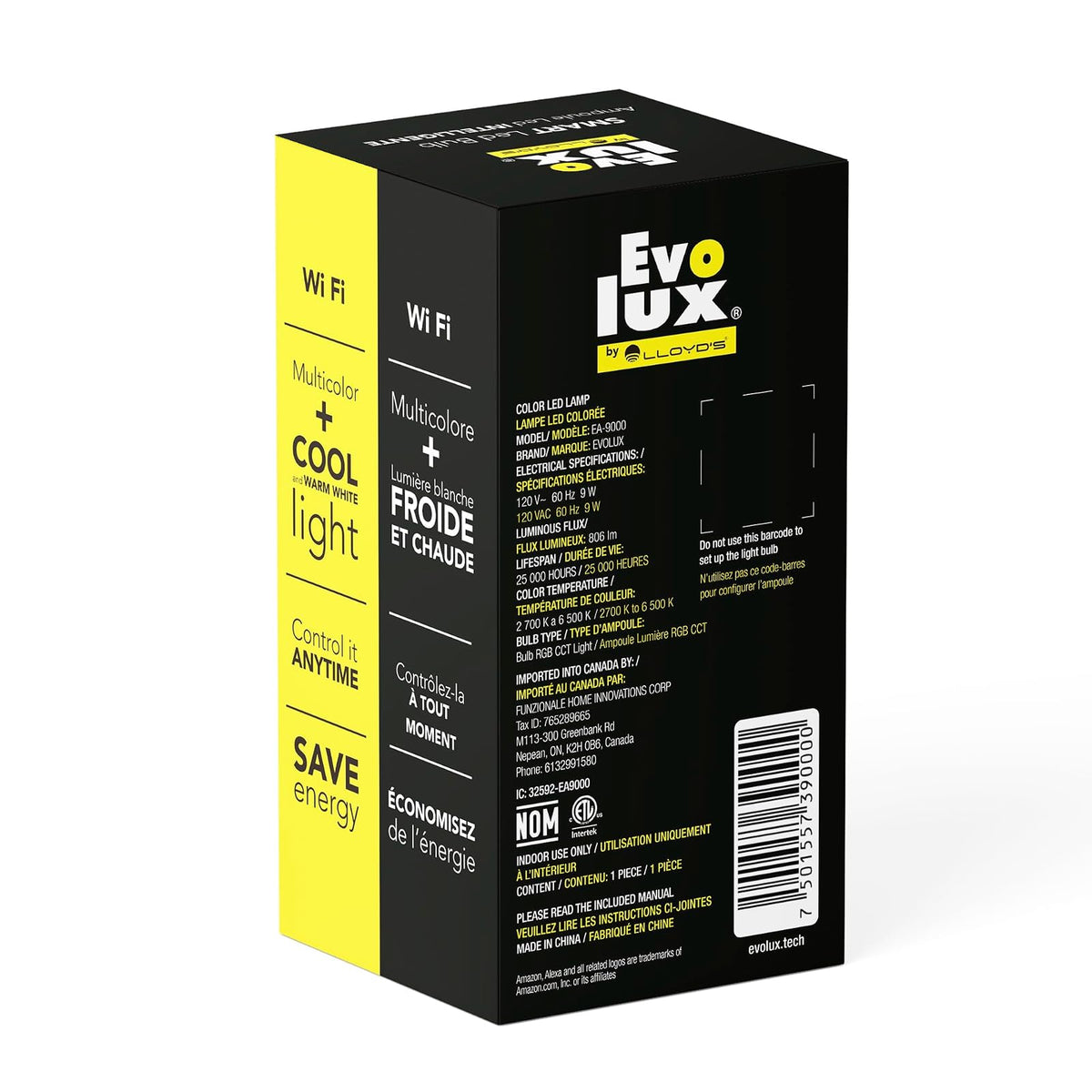 Evolux by Lloyd's Foco LED Inteligente, WiFi A19, Configuración Automática, Redes de 2.4 GHz, Dimmeable, Compatible con Alexa, Multicolor + Luz Blanca Fría y Cálida
