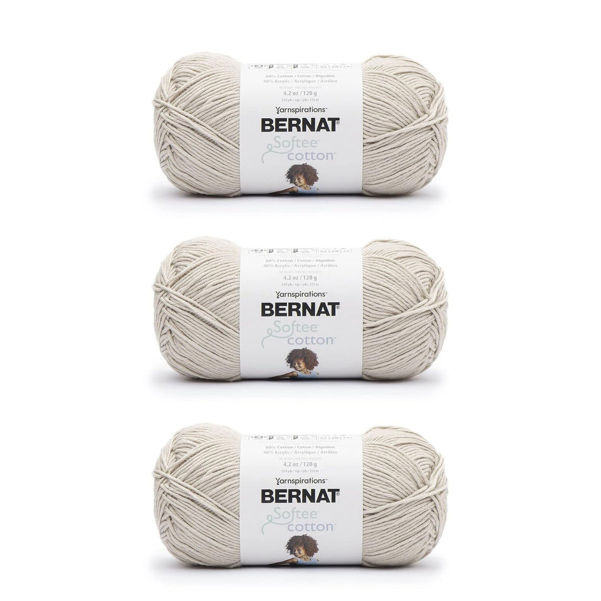 Bernat Softee Cotton, Hilo de Algodón y Acrílico Peso DK - Gris pluma - Paquete de 3