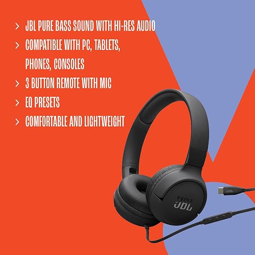 JBL Tune 520C USB-C - Auriculares en la Oreja con Cable de Alta resolución, Color Morado