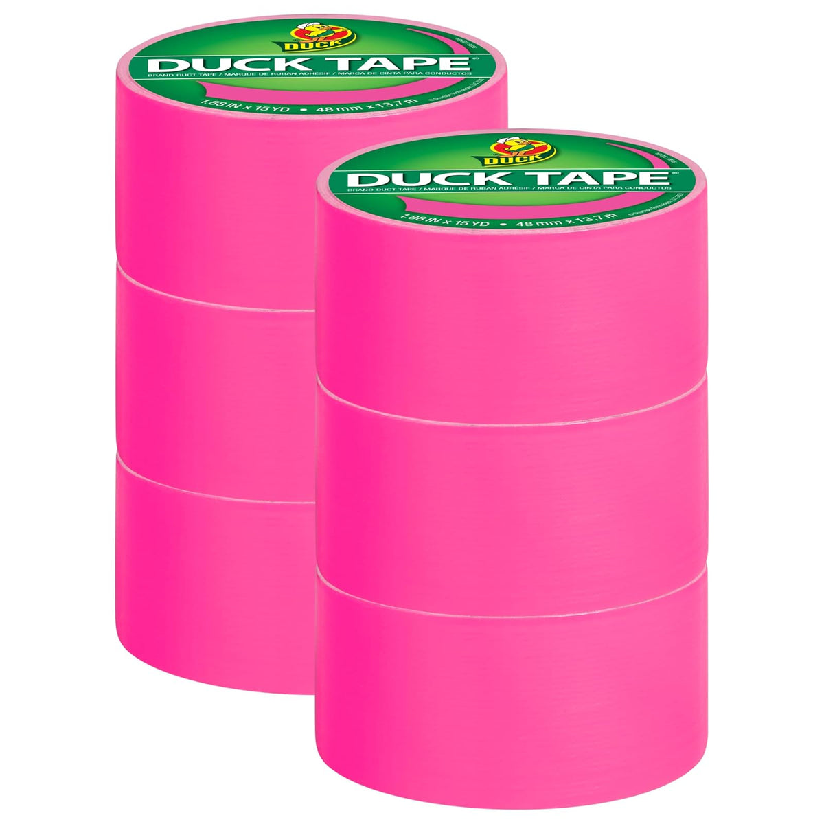 Duck Tape Cinta Adhesiva de Color, Rollo de 1.88 Pulgadas x 20 Yardas - Rosado Neón - 6-Roll