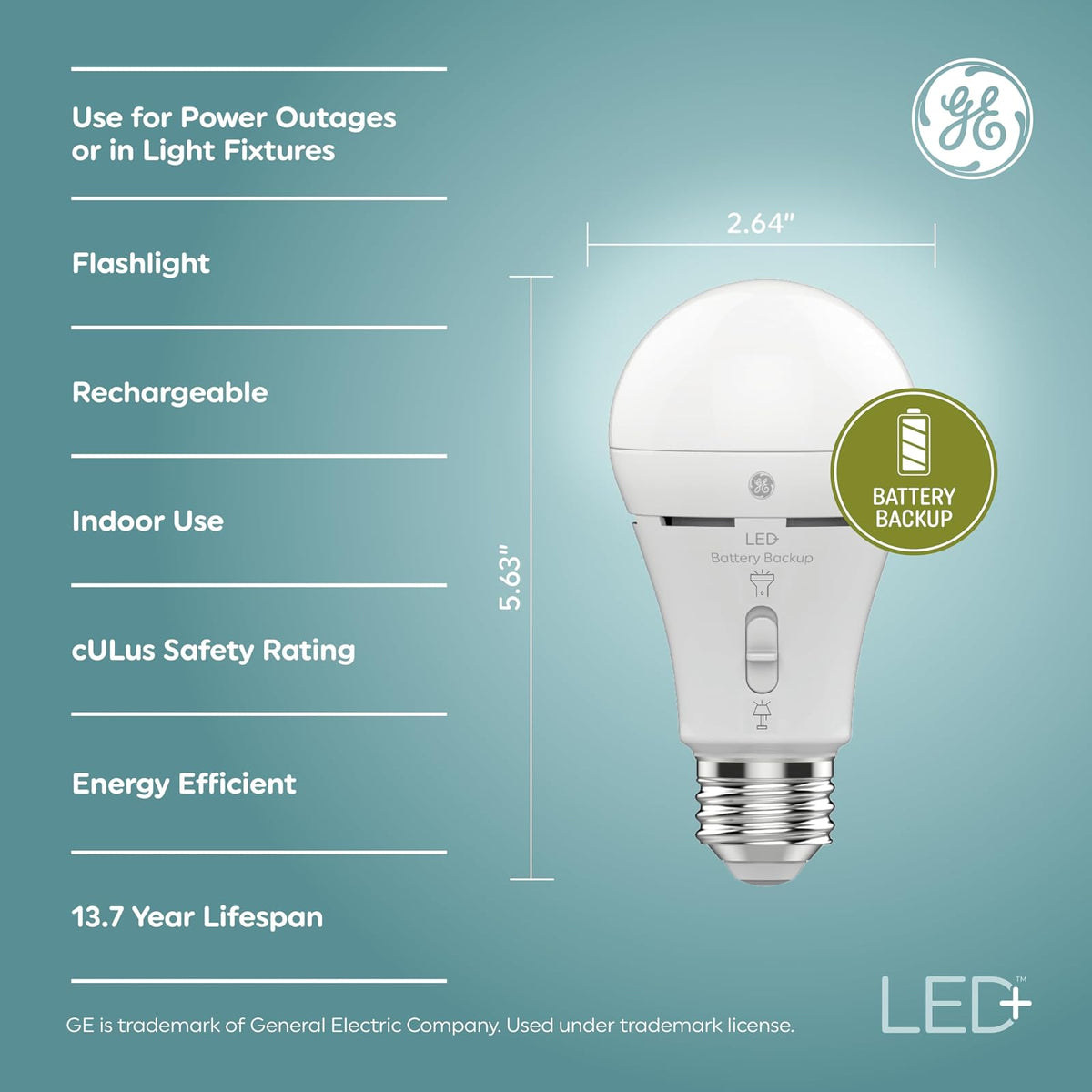 GE LED+ - Bombillas LED de batería de reserva, A21, luz de emergencia recargable para cortes de energía + linterna, blanco suave (paquete de 2)