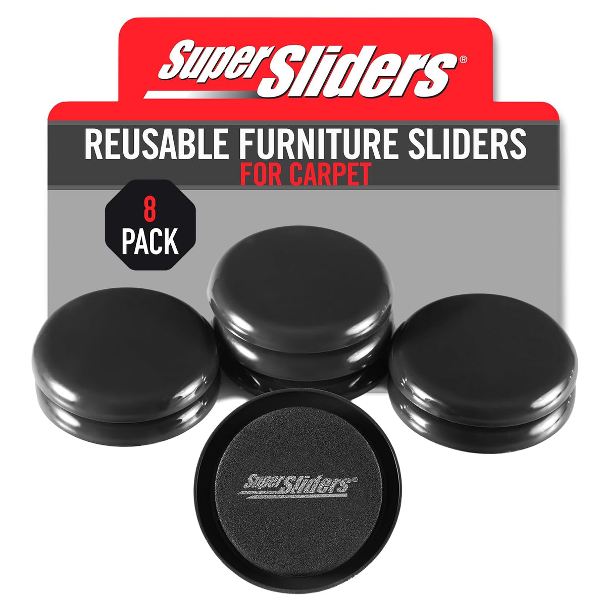 Super Sliders Deslizadores Reutilizables para Muebles, Paquete de 8, para Alfombra - Negro - Paquete de 8 - Para alfombra