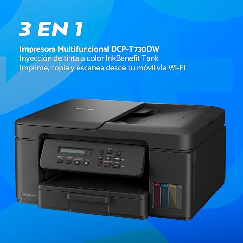 Brother Multifuncional InkBenefit Tank DCP-T730DW,Tinta Continua,Wi-Fi | Wi-Fi, Dúplex Automático, Incluye Kit de Tintas de Ultra Alto Rendimiento, Escáner y Copiadora