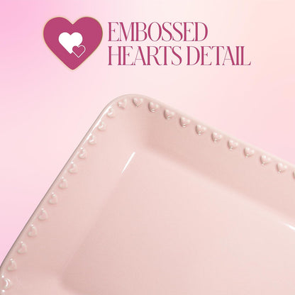 Paris Hilton Bandeja rectangular de cerámica para servir de gres en relieve, corazones en relieve, apta para microondas, 15 x 8 pulgadas, rosa