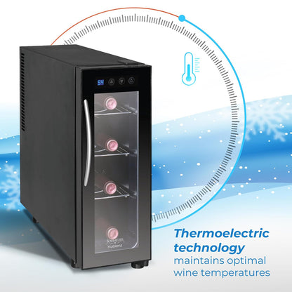 Koblenz Cava Enfriadora de Vinos de 4 Botellas de 750 ml, Temperatura de Una Zona, Cava de Vinos Termoeléctrica con Pantalla Digital y Controles Táctiles de Temperatura, Negro (EVFK-04)