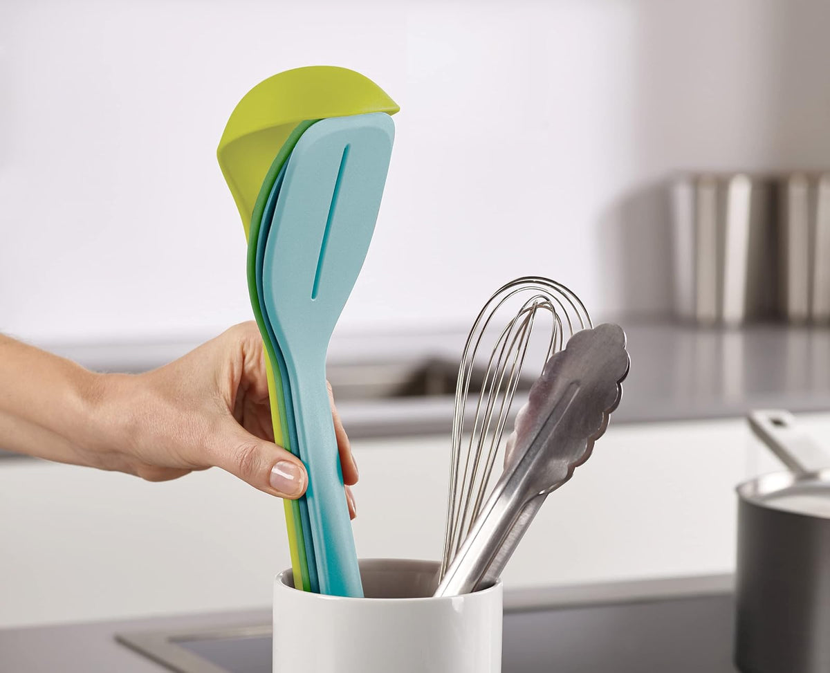 Joseph Joseph Duo Juego de utensilios de 4 piezas resistente al calor con cucharón, cucharas sólidas y ranuradas y volteador; clip de asas para almacenamiento organizado, ópalo