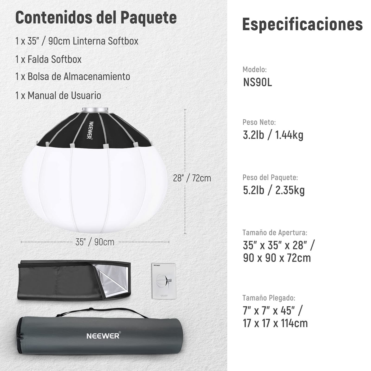 NEEWER 35"/90 cm Softbox Linterna con Liberación Rápida Un Paso,Difusor Luz 360° con Faldón,Montura Bowens para CB60 CB100 CB150 Luces Video, Compatible con Aputure 600d Amaran 60x Godox SL60W,NS90L