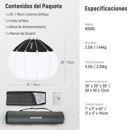 NEEWER 35"/90 cm Softbox Linterna con Liberación Rápida Un Paso,Difusor Luz 360° con Faldón,Montura Bowens para CB60 CB100 CB150 Luces Video, Compatible con Aputure 600d Amaran 60x Godox SL60W,NS90L