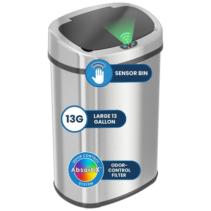 iTouchless Papelera de Cocina con Sensor de 13 Galones | Tapa automática, filtro de olor, acero inoxidable, ovalado, uso en hogar y oficina
