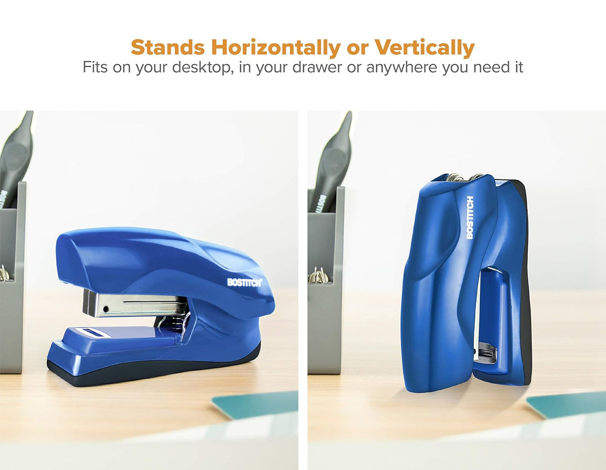 Bostitch - Grapadora de oficina resistente, capacidad de 40 hojas, sin atascos, media tira, cabe en la palma de tu mano, para aula, oficina o computadora, azul marino
