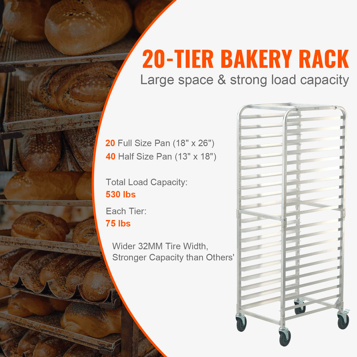 VEVOR - Estante para sartenes para panadería comercial de 20 niveles con ruedas de freno, almacenamiento de aluminio para media hoja y completa, estante de velocidad para cocina, hogar, equipo de