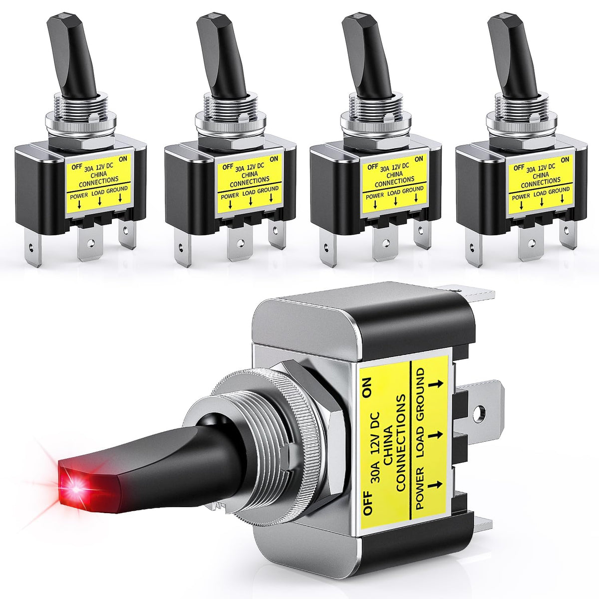 Nilight - Interruptor de palanca LED, 5 unidades, 12 V, 30 A, interruptor de metal con iluminación LED rojo, resistente SPST, 3 pines, orificio de montaje de 12 mm, orificio de montaje para