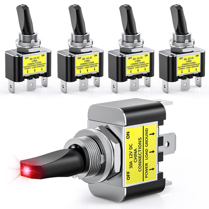 Nilight - Interruptor de palanca LED, 5 unidades, 12 V, 30 A, interruptor de metal con iluminación LED rojo, resistente SPST, 3 pines, orificio de montaje de 12 mm, orificio de montaje para