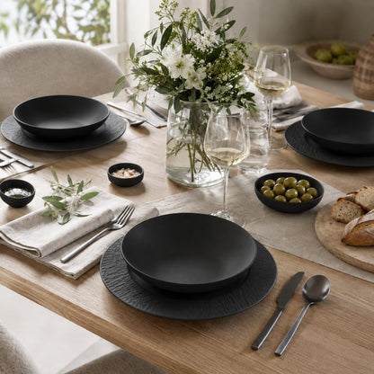 Villeroy & Boch Manufacture Rock Juego de Vajilla | 12 piezas, servicio para 4, platos de cena, platos de ensalada, cuencos de pasta, porcelana, negro mate, hecho en Alemania