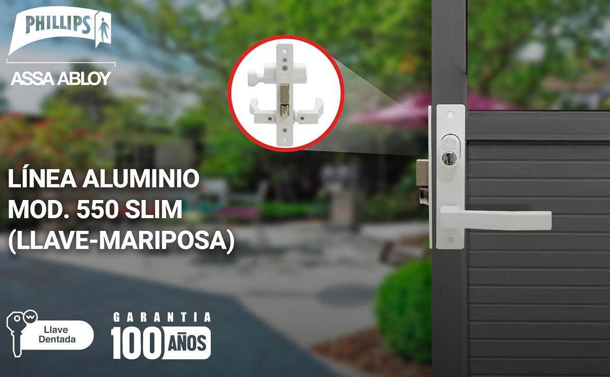 Phillips Cerradura Modelo Slim 555 Manija Cuadrada Para Puerta De Aluminio Blanco