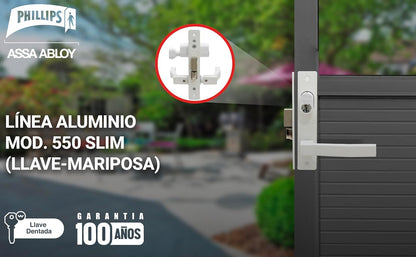 Phillips Cerradura Modelo Slim 555 Manija Cuadrada Para Puerta De Aluminio Blanco