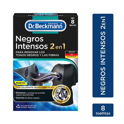 Dr. Beckmann, Quitamanchas Intenso Multiusos, en Polvo, para Ropa Blanca y Color, con Oxígeno Activo + Toallitas Negros Intensos, Renueva los Tonos Negros y las Fibras