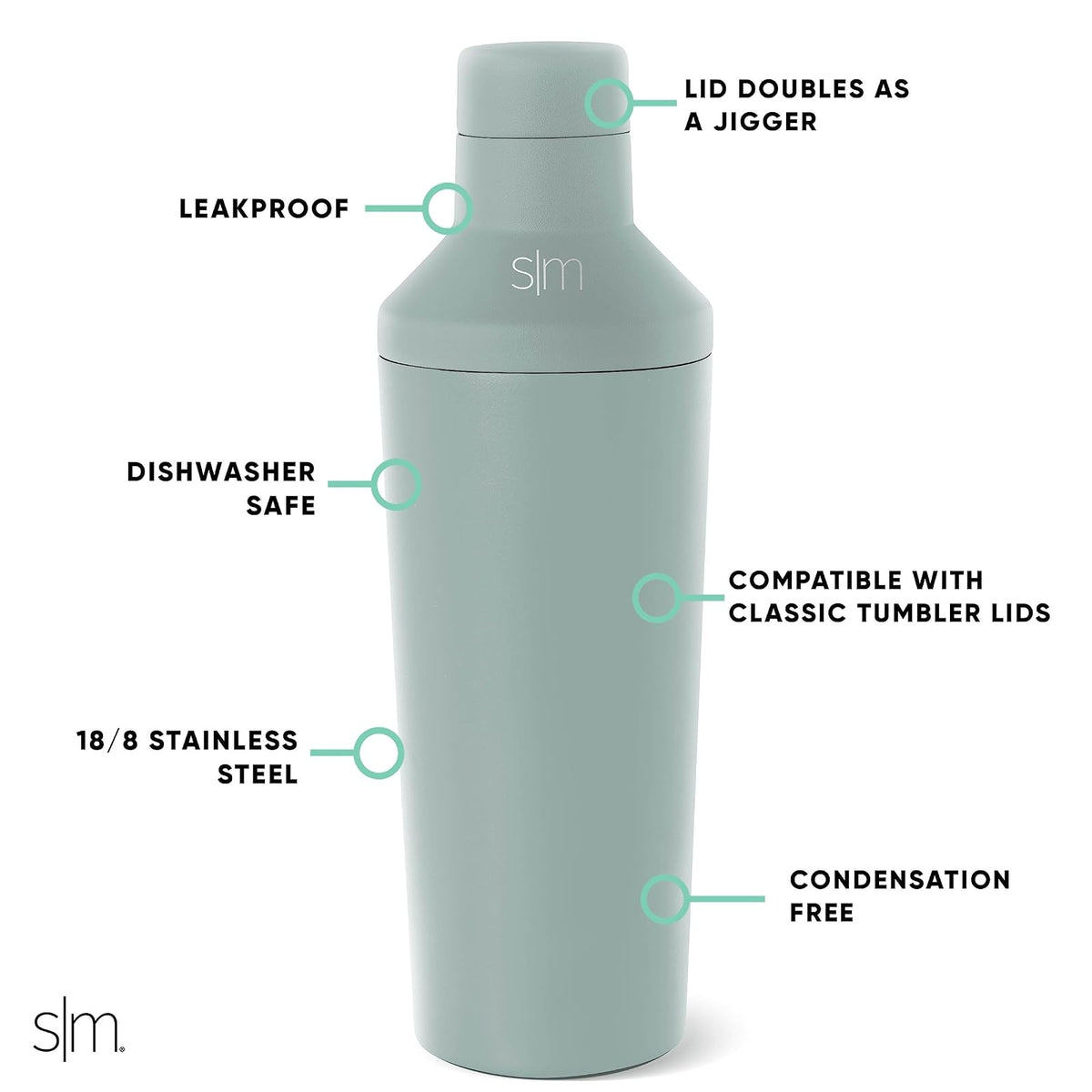 Simple Modern Coctelera con Tapa Medidora | Regalos De Acero Inoxidable Para Mujeres & Hombres | Classic Shaker Colección | 590ml | Sea Glass Sage