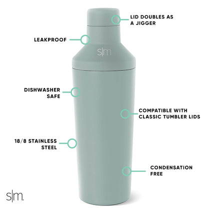 Simple Modern Coctelera con Tapa Medidora | Regalos De Acero Inoxidable Para Mujeres & Hombres | Classic Shaker Colección | 590ml | Sea Glass Sage