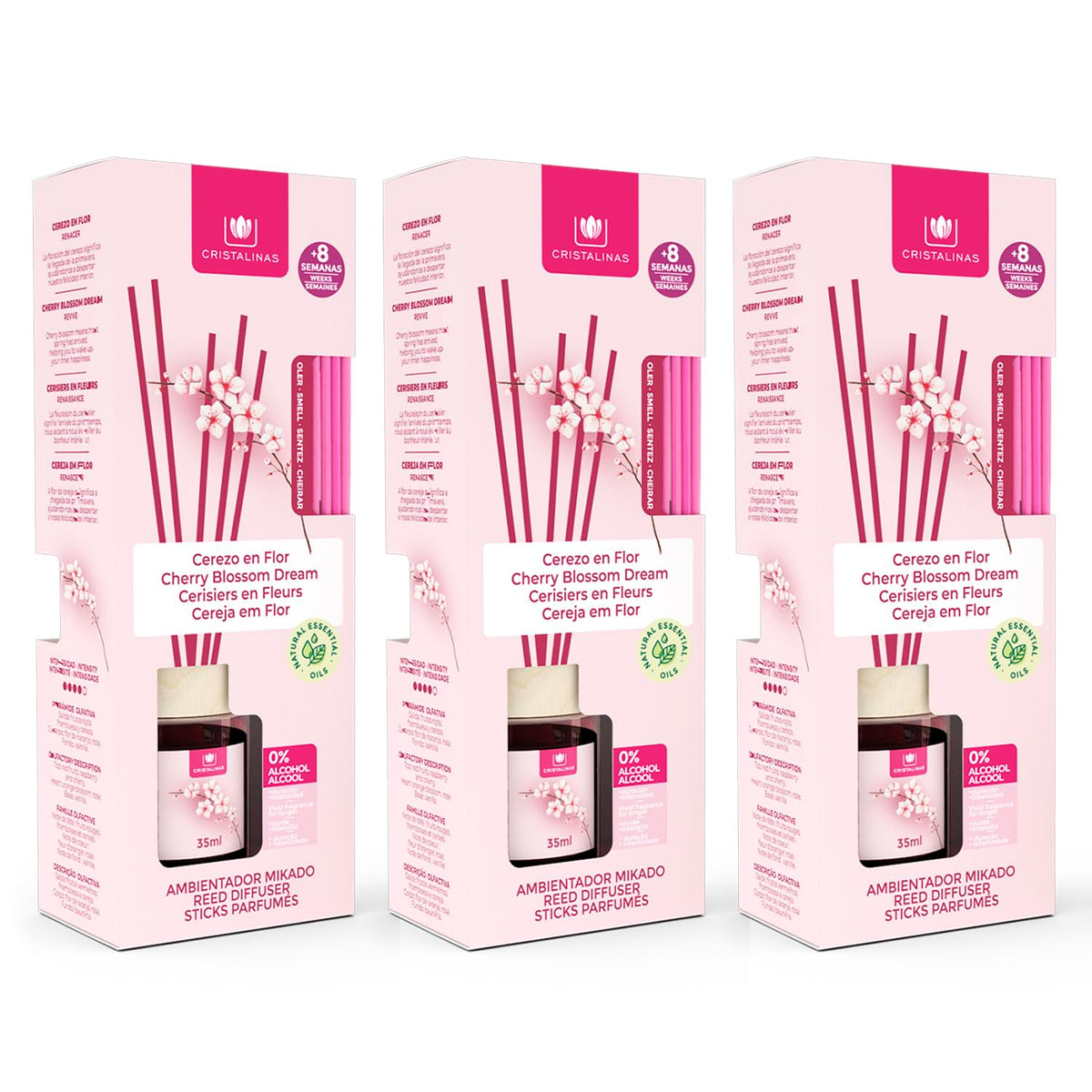 Cristalinas Ambientador de Cañas Ratán 40ml Difusor sin Alcohol - Cerezo - 3 pzas