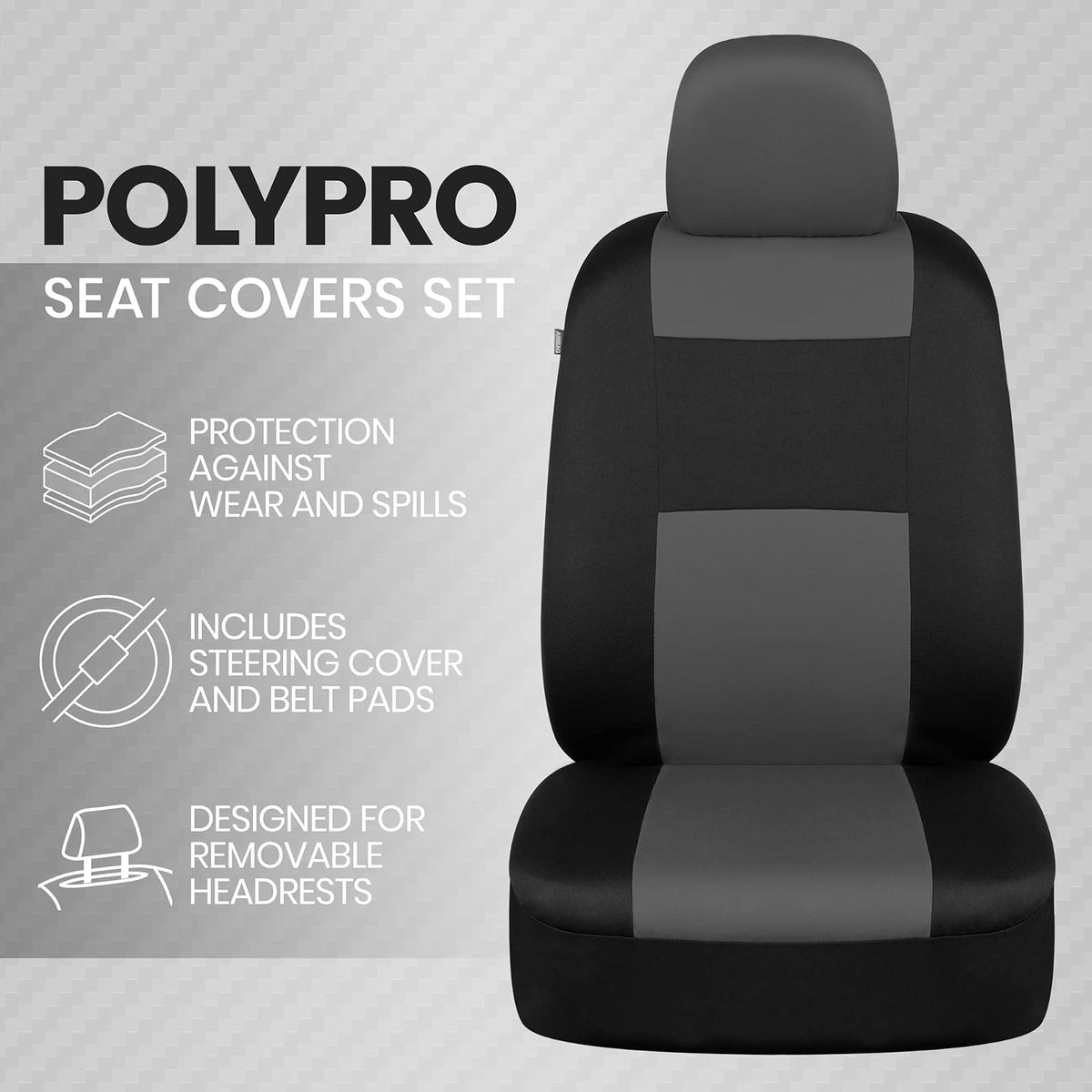 BDK PolyPro Fundas de Asiento Completas con Funda de Volante, Carbón sobre Negro, Banco Dividido, OS-312